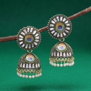 Gold Color Round Peacock Feather Oxidised Earrings